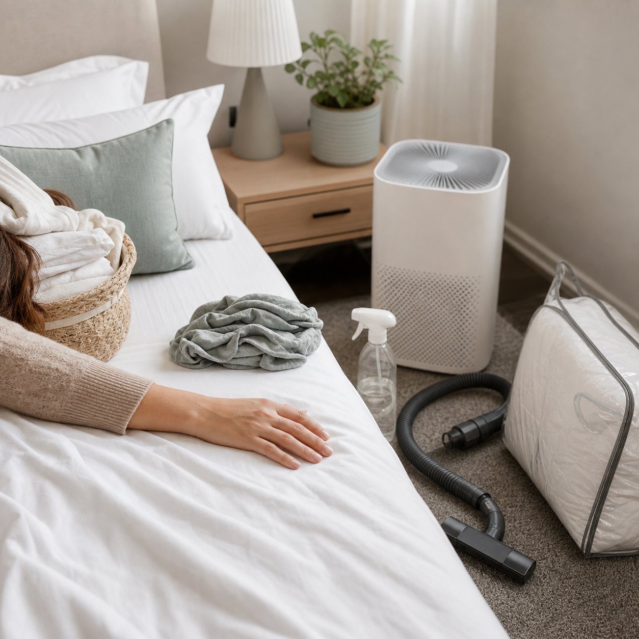 Washed sheets, purifier, spray bottle and vacuum beside a bed