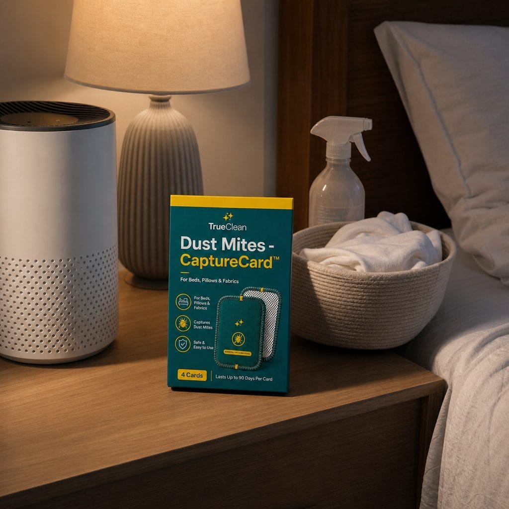 Air purifier, laundry, spray, and CaptureCards beside a bed