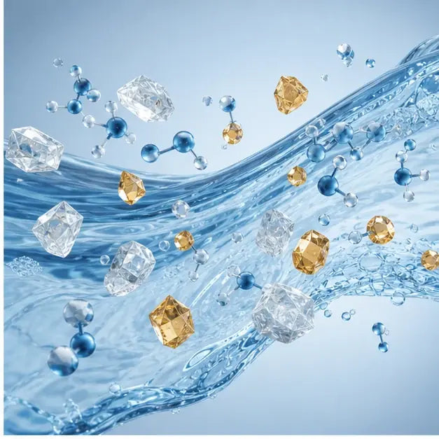 thumbnail — diagram-style illustration of calcium and magnesium molecules represented as tiny crystals in a water stream.