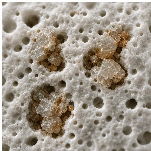 thumbnail — scientific microscope image of porcelain surface showing pores and crystalline mineral deposits trapped inside them.