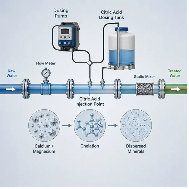 thumbnail — European water authority technical diagram of in-line citric acid dosing in a municipal water system.