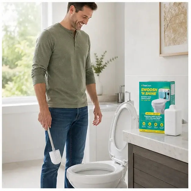 thumbnail — happy homeowner holding the brush down by their side, looking at a clean bowl, body language relaxed.