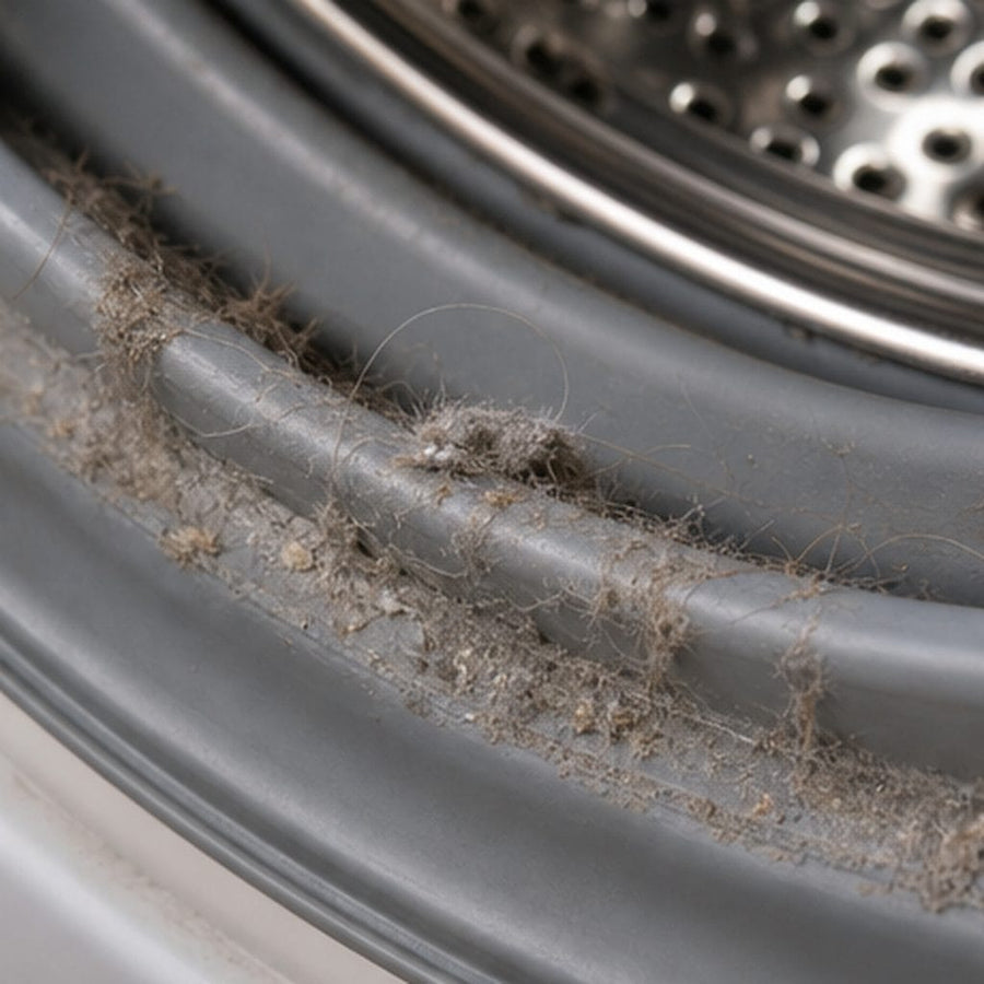 Pet hair and washer residue close-up