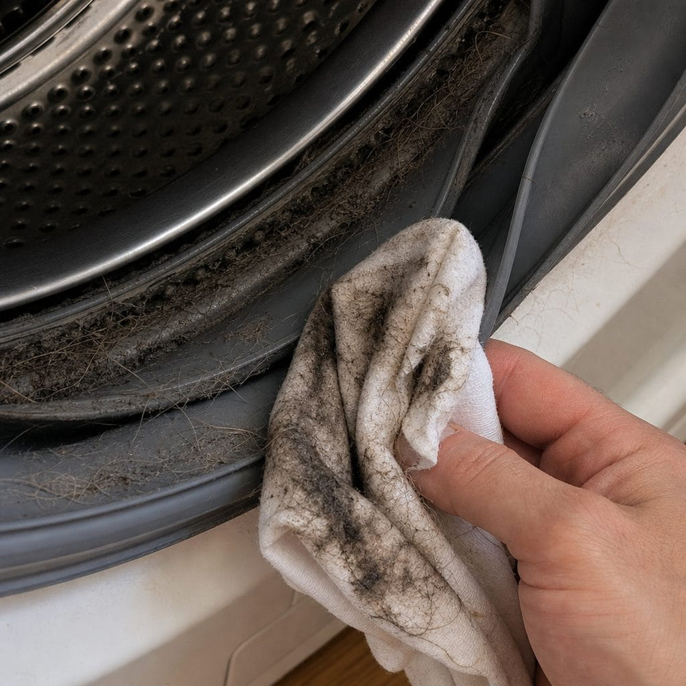 A white cloth wiped inside the washer gasket comes away black with hidden gunk and pet hair