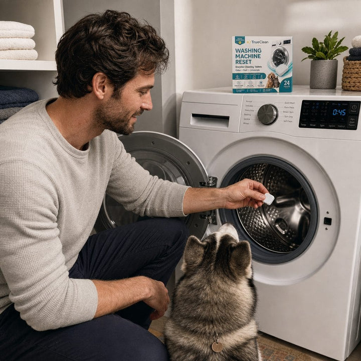 Dropping a Washing Machine Reset tablet into the drum
