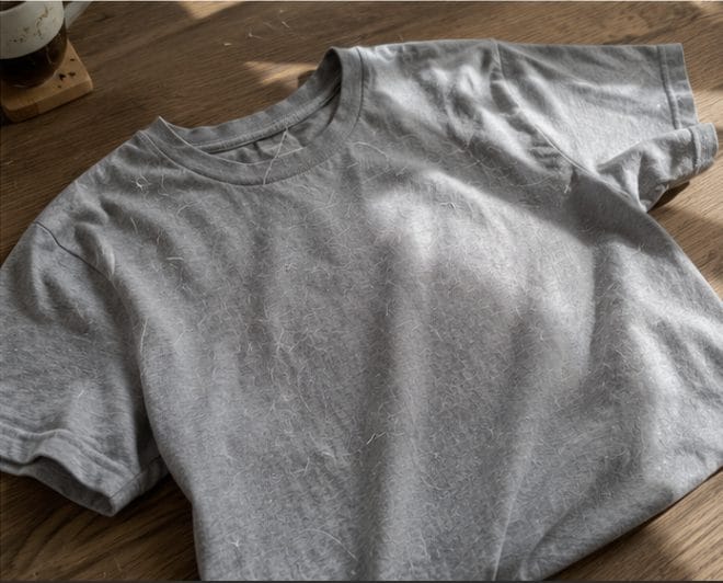Graues Shirt auf einem Tisch, bedeckt mit Tierhaaren
