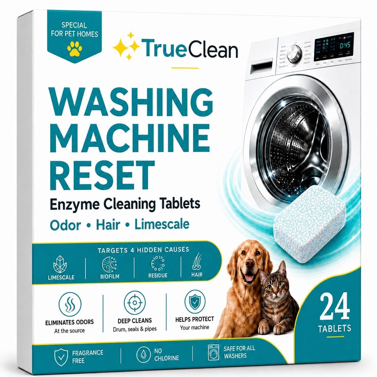 Verpackung der TrueClean Washing Machine Reset Enzym-Reinigungstabs