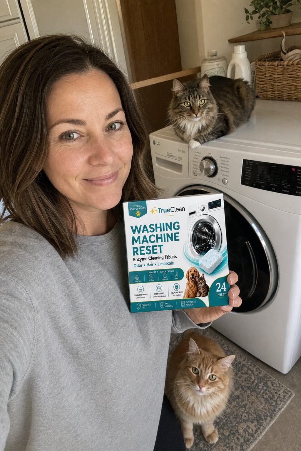 Marion hält TrueClean Washing Machine Reset in ihrem Hauswirtschaftsraum