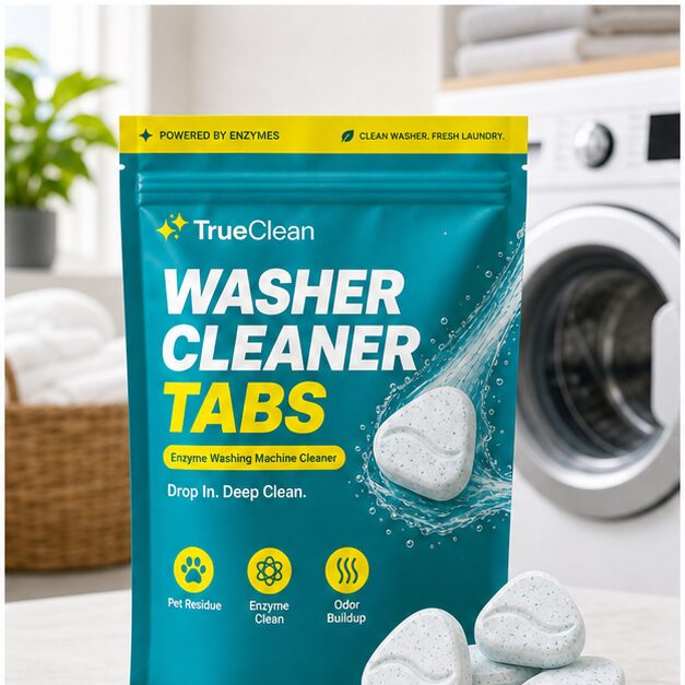 TrueClean Washer Cleaner Tabs package and tablets