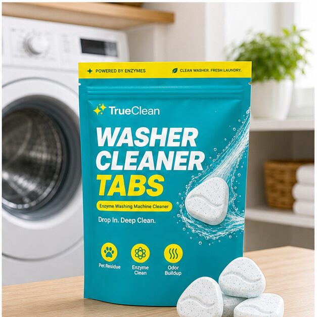 TrueClean Washer Cleaner Tabs package and tablets
